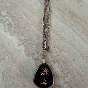 Palm Tree Necklace VTG Black Glass Gold Tone Germany 12 Inch Long Silver Chain